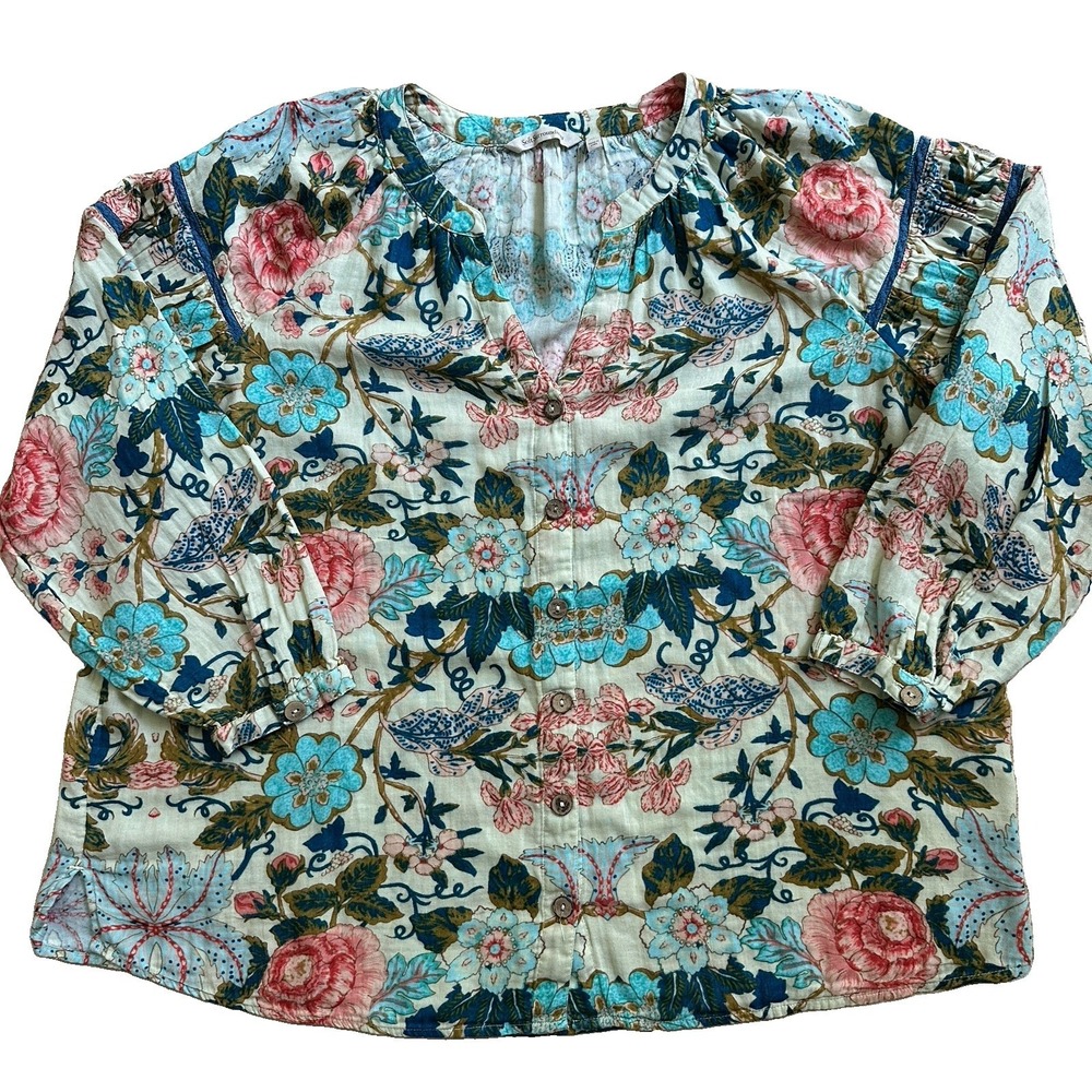 Soft Surroundings Top Women's Plus 2X Multicolor Floral Long Sleeve Button Front